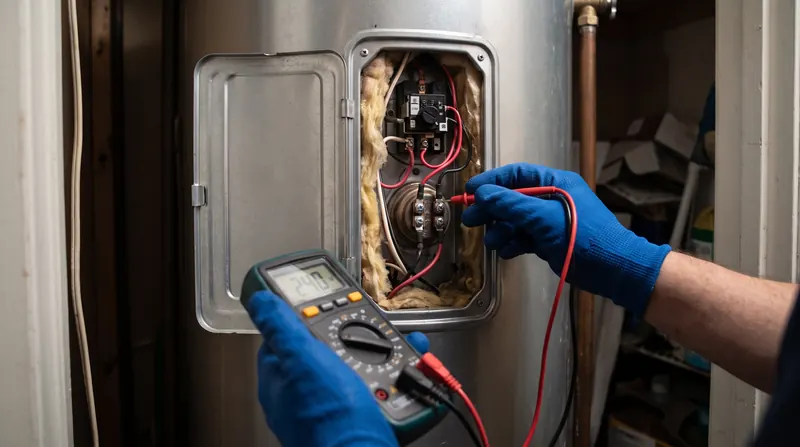 Gloved hands testing an electric water heater thermostat with a multimeter